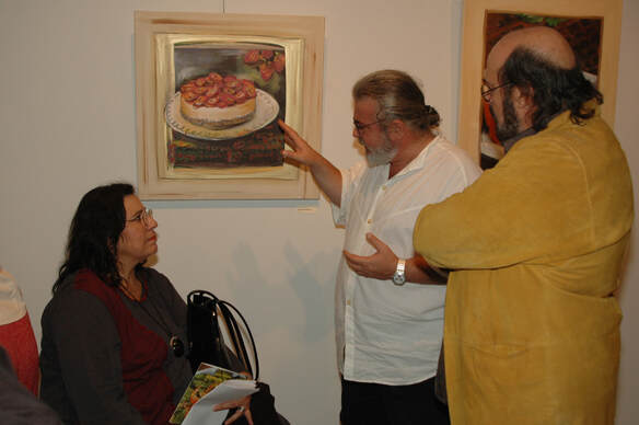 Galerie Zygos director Ion Frantzeskakis discussing Haris Tsekoura art with renowned Greek singer Maria Farantouri.